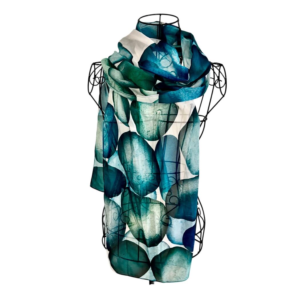 Josie Iselin Sea Glass Art Print Long Chiffon Scarf Wrap Glam Coastal 13 x 68